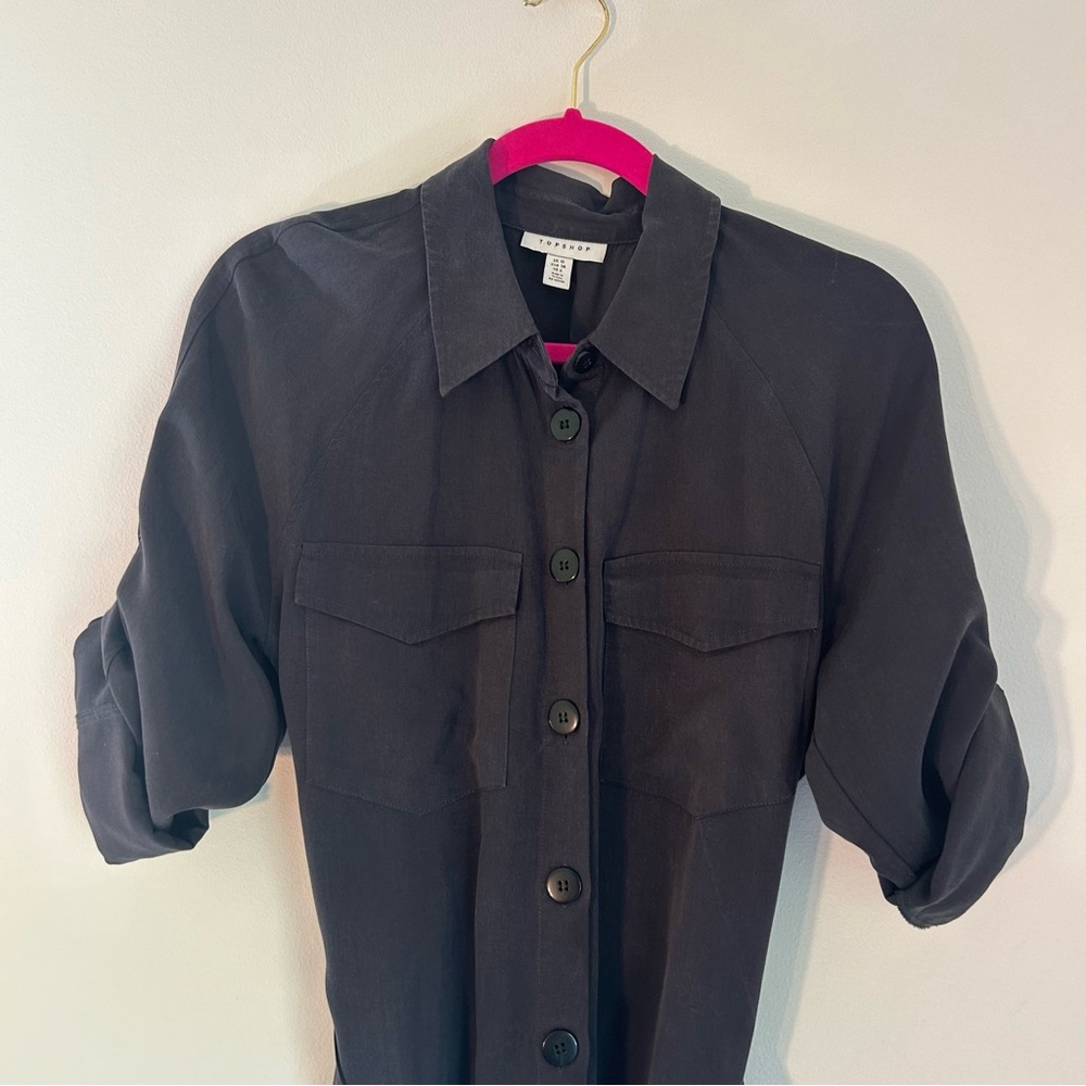 Topshop Utility Lyocell Midi Shirt Dress Belted Dark Grey Charcoal Maxi - Picture 5 of 11